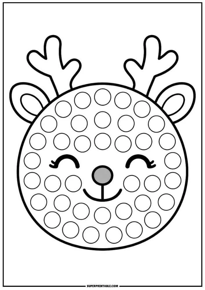 Smiling reindeer face with antlers and dot circles.
