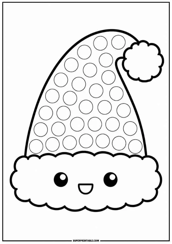Smiling Santa hat with fluffy trim and dot circles.