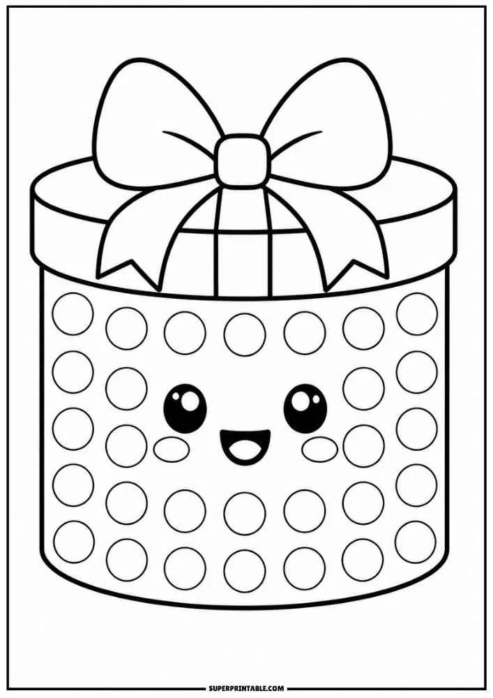 Smiling gift box with bow and dot circles.