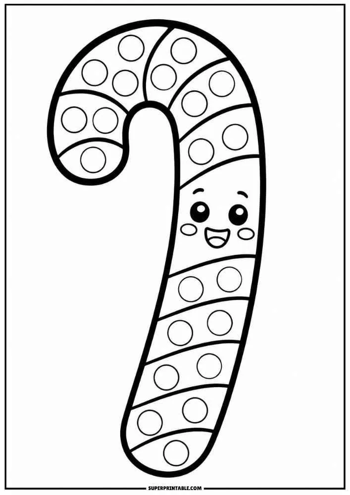 Smiling candy cane with stripes and dot circles.
