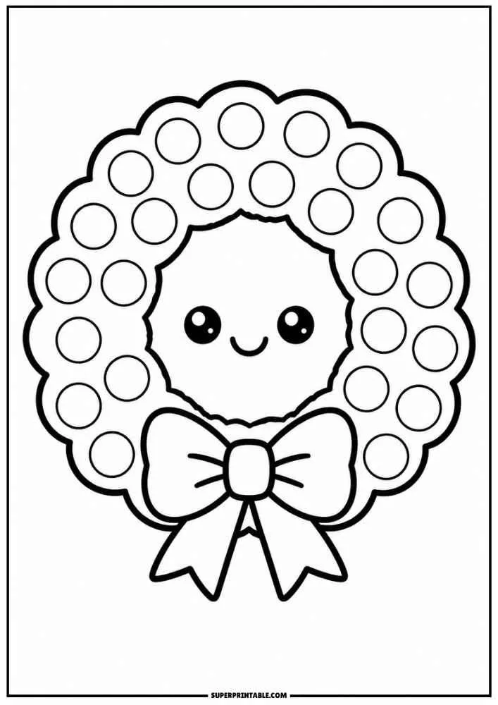 Smiling Christmas wreath with bow and dot circles.