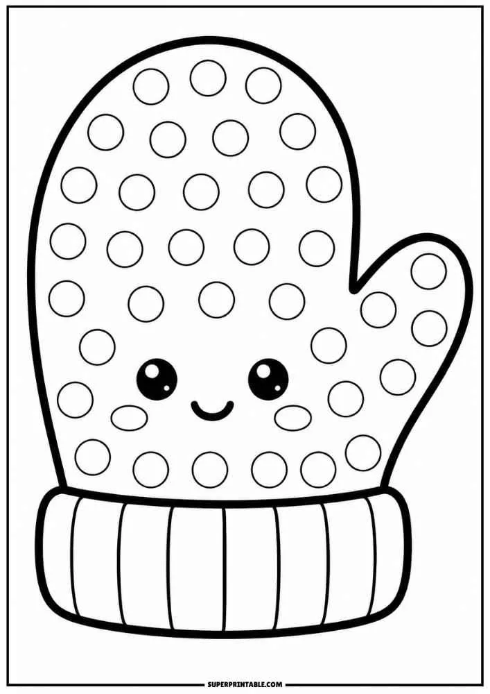 Smiling winter mitten with dot circles.