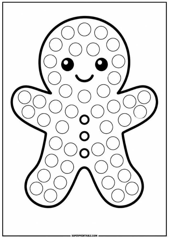 Smiling gingerbread cookie with dot circles and buttons.