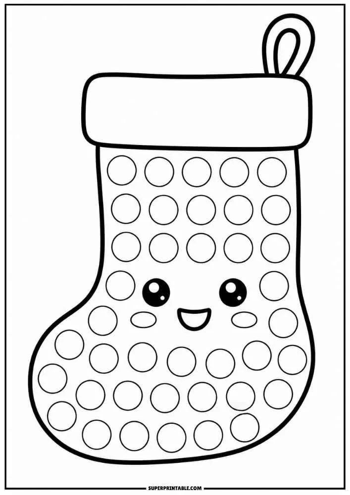 Smiling Christmas stocking with dot circles.