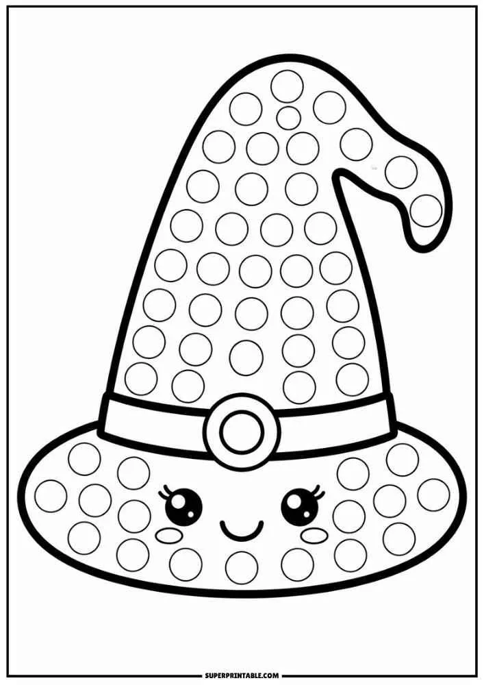 Smiling witch hat with dot circles and a belt buckle.