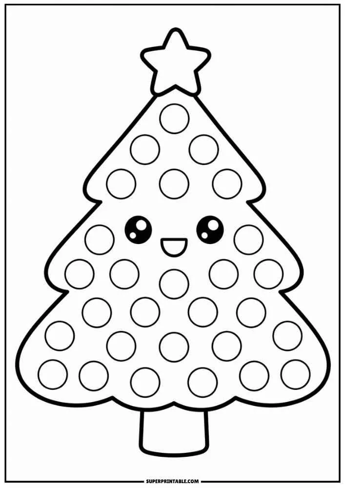 Smiling Christmas tree with a star and dot circles.
