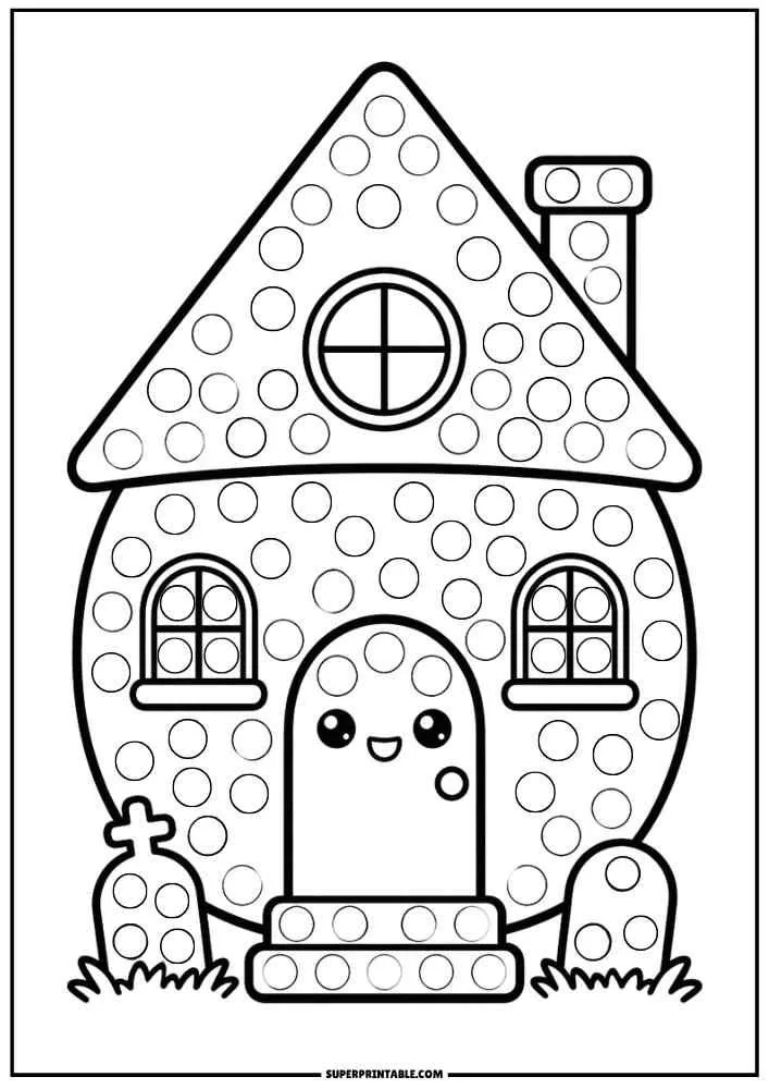 Christmas house with dot circles, windows, and a smiling door.