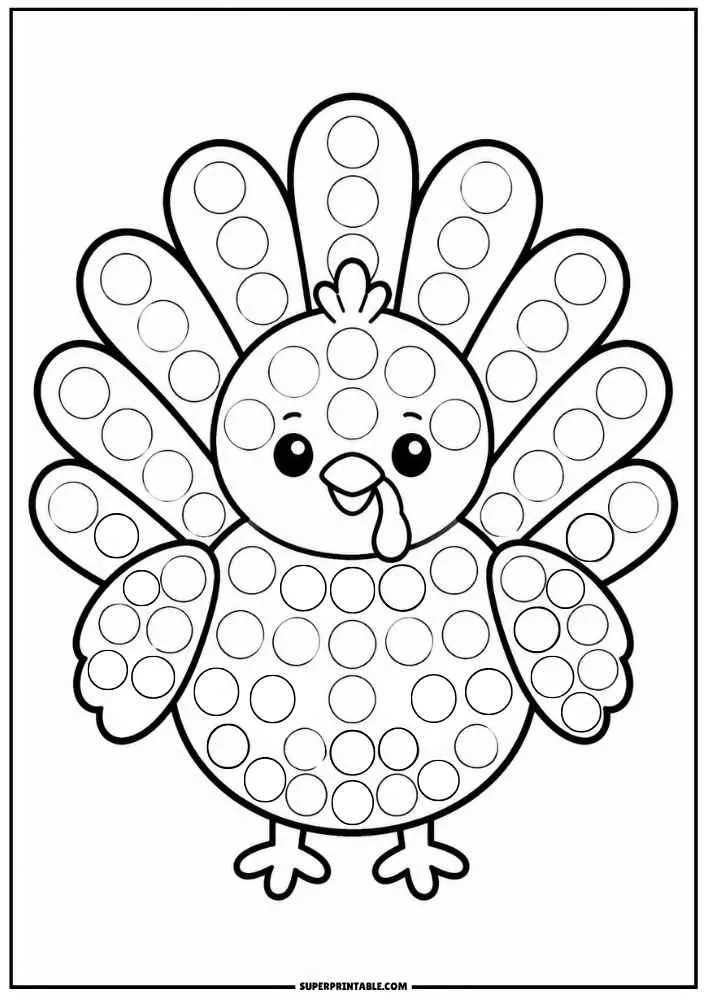 Black and white turkey with dot circles for a dot marker activity.