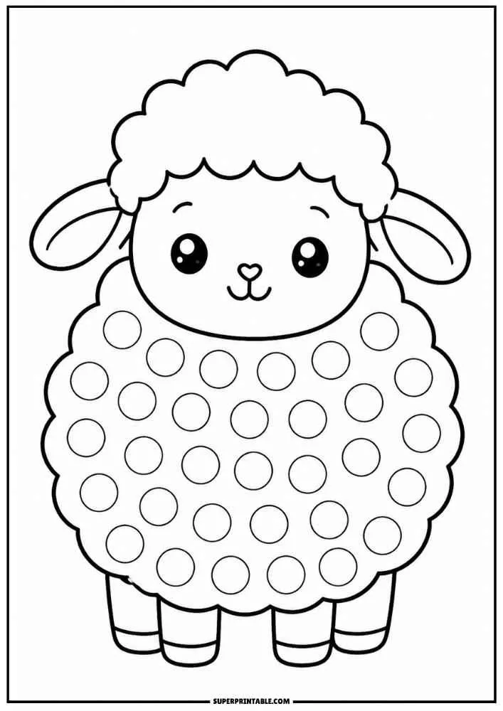 Black and white lamb with dot circles for a dot marker activity.
