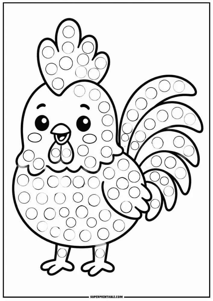 Black and white rooster with dot circles for a dot marker activity.