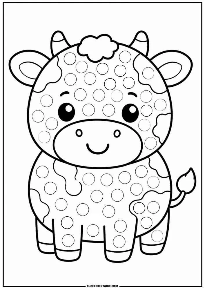 Black and white cow with dot circles for a dot marker activity.