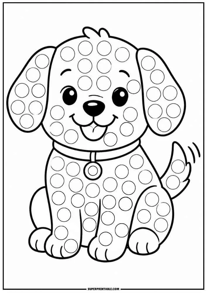 Black and white puppy with dot circles and a collar for a dot marker activity.