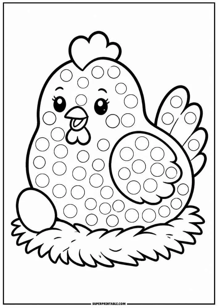 Black and white hen on a nest with an egg and dot circles.