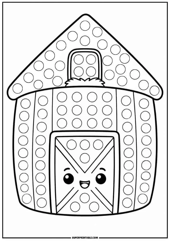 Black and white barn with dot circles for a dot marker activity.