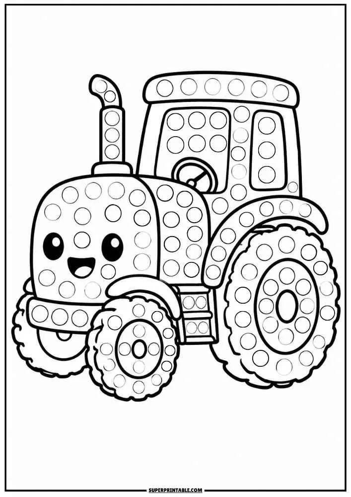 Black and white tractor with dot circles for a dot marker activity.