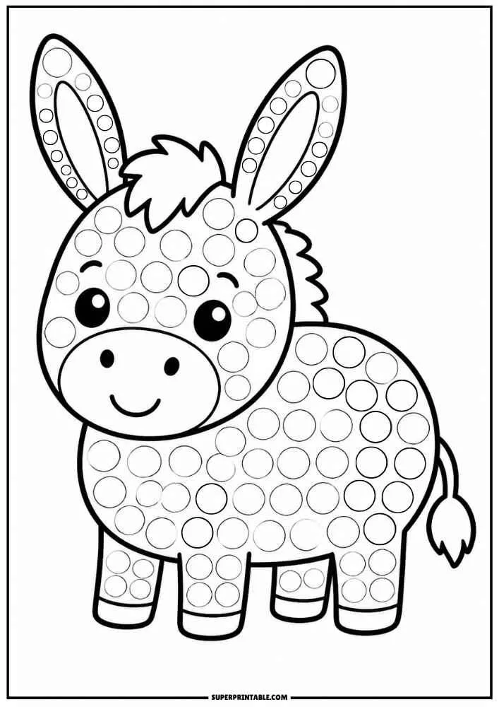 Black and white donkey with dot circles for a dot marker activity.