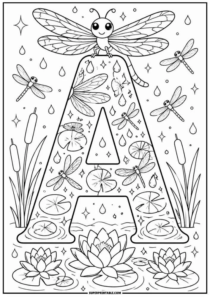 Large letter A with dragonflies, lily pads, cattails, lotus flowers, and water drops.