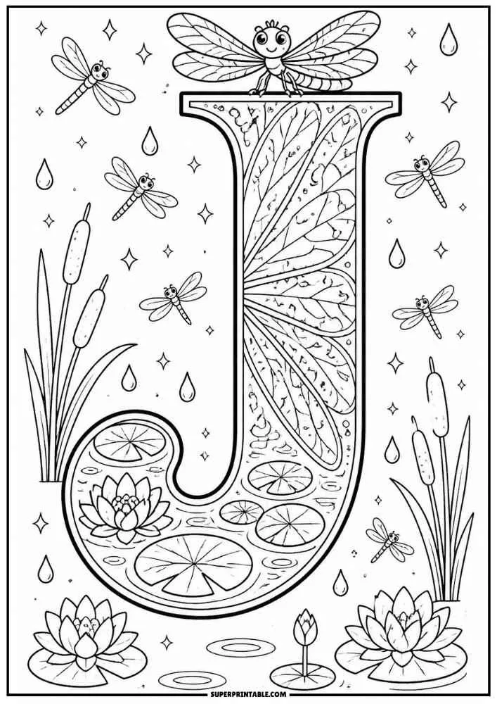 Large letter J with a dragonfly, lotus flowers, cattails, lily pads, and pond water.