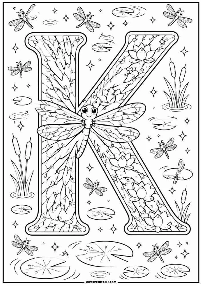 Large letter K with a dragonfly, lotus flowers, cattails, lily pads, and pond scene.