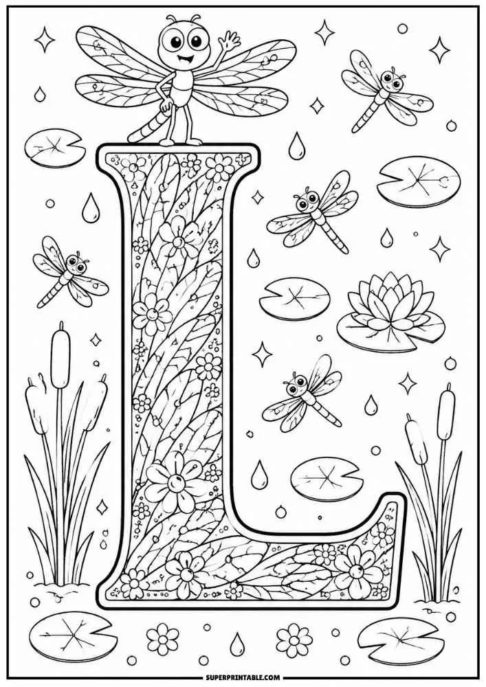 Large letter L with a dragonfly, flowers, lily pads, reeds, and water drops.