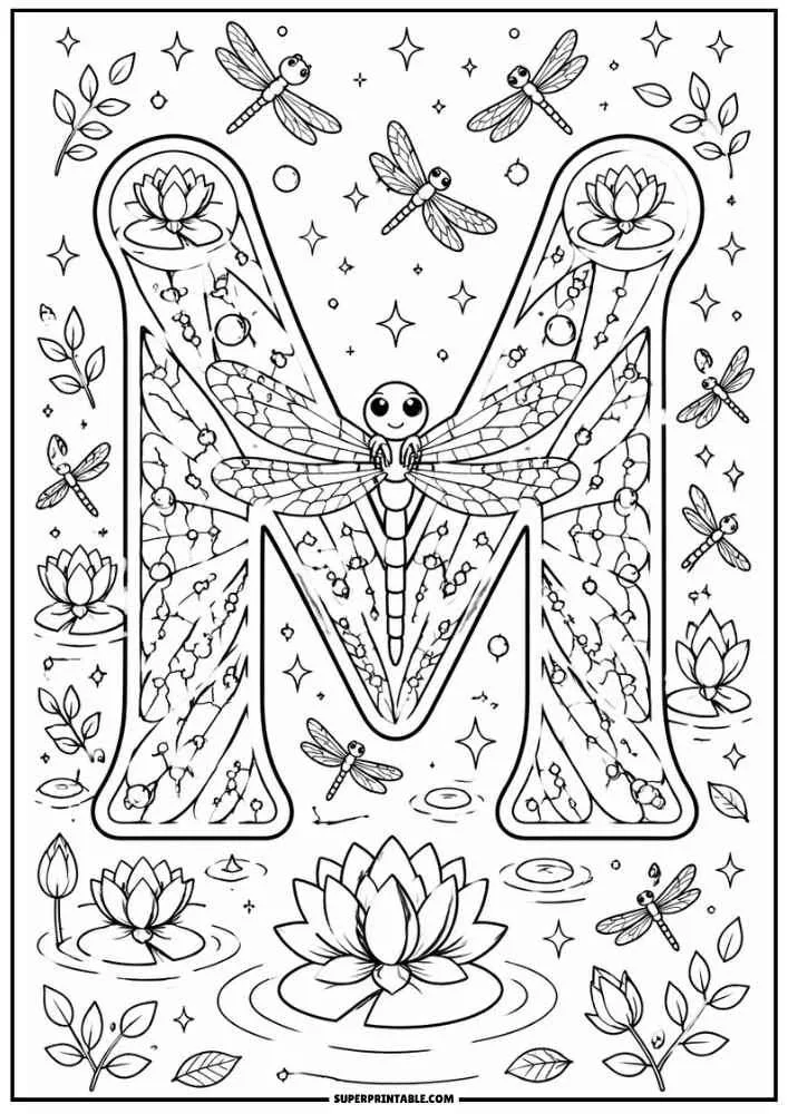 Large letter M with dragonflies, lotus flowers, leaves, and lily pads.