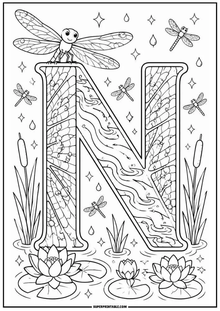 Large letter N with dragonflies, lily pads, lotus flowers, cattails, and pond water.