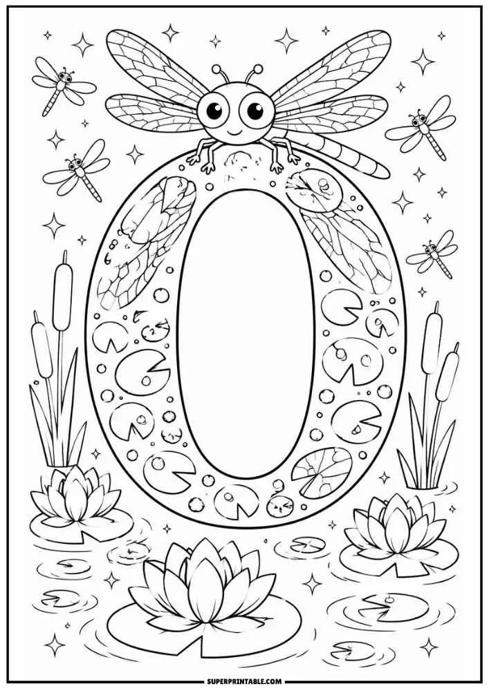 Large letter O with a dragonfly, lotus flowers, lily pads, and pond plants.