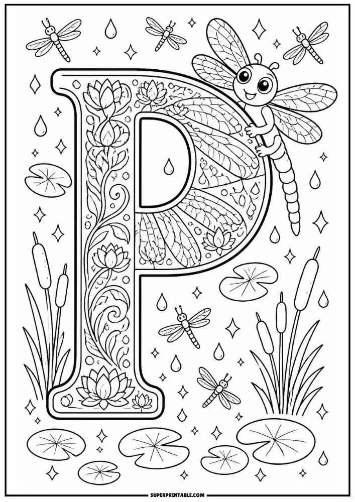 Large letter P with a dragonfly, flowers, lily pads, cattails, and water drops.