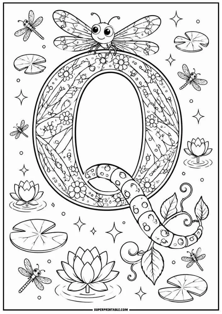 Large letter Q with a dragonfly, flowers, vines, lotus flowers, and lily pads.