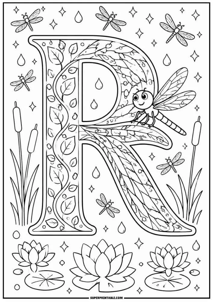 Large letter R with a dragonfly, leaves, lotus flowers, cattails, and lily pads.