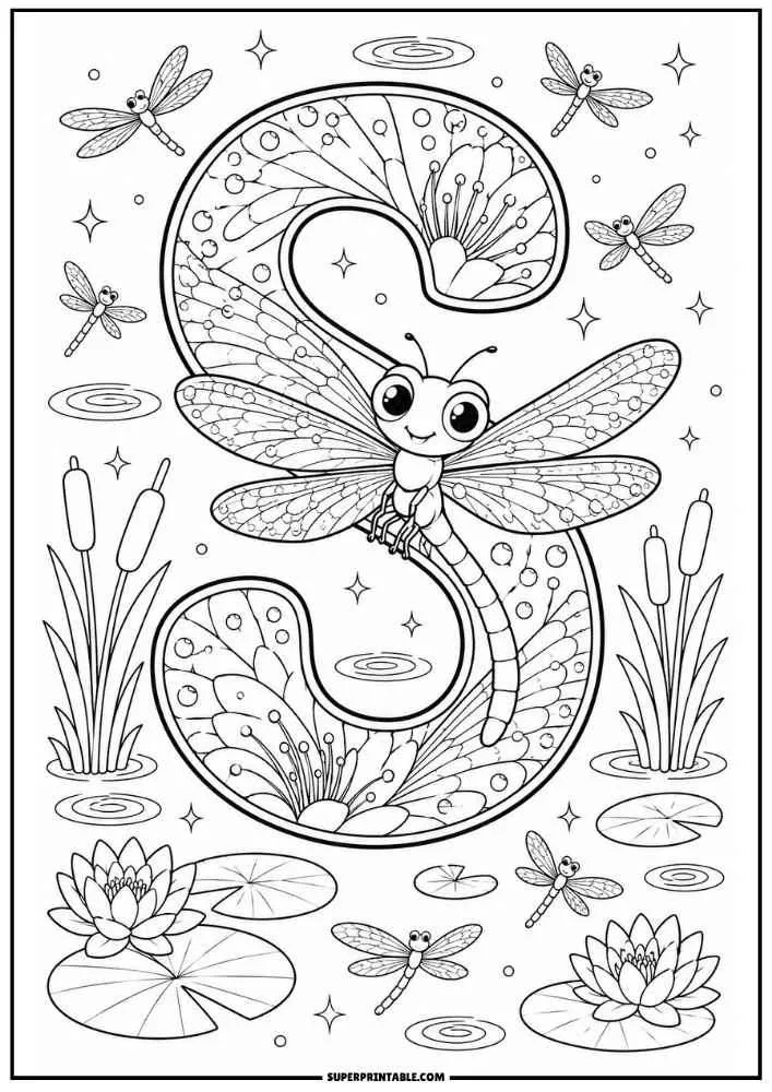 Large letter S with a dragonfly, lotus flowers, lily pads, cattails, and pond ripples.