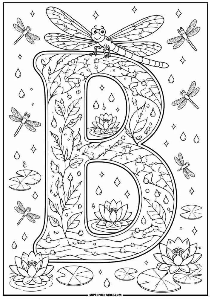 Large letter B with dragonflies, lotus flowers, lily pads, water drops, and pond plants.