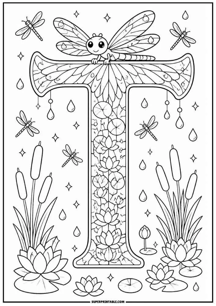 Large letter T with a dragonfly, lotus flowers, cattails, lily pads, and water drops.
