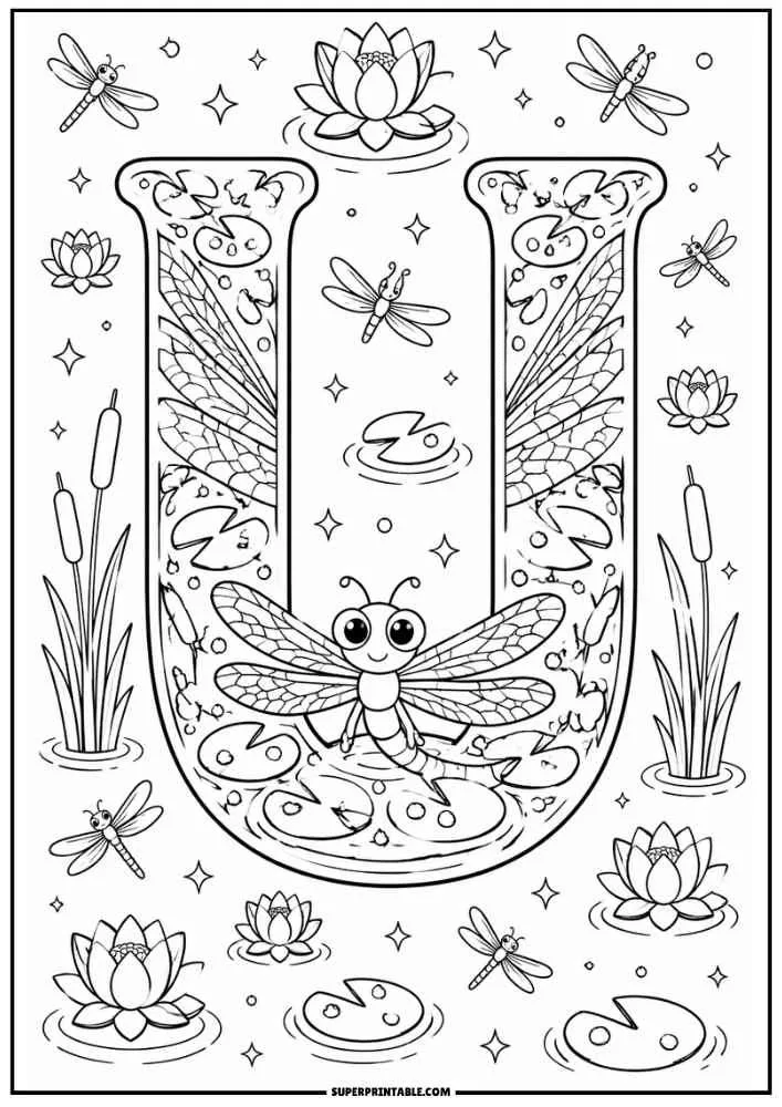 Large letter U with a dragonfly, lotus flowers, lily pads, cattails, and pond details.