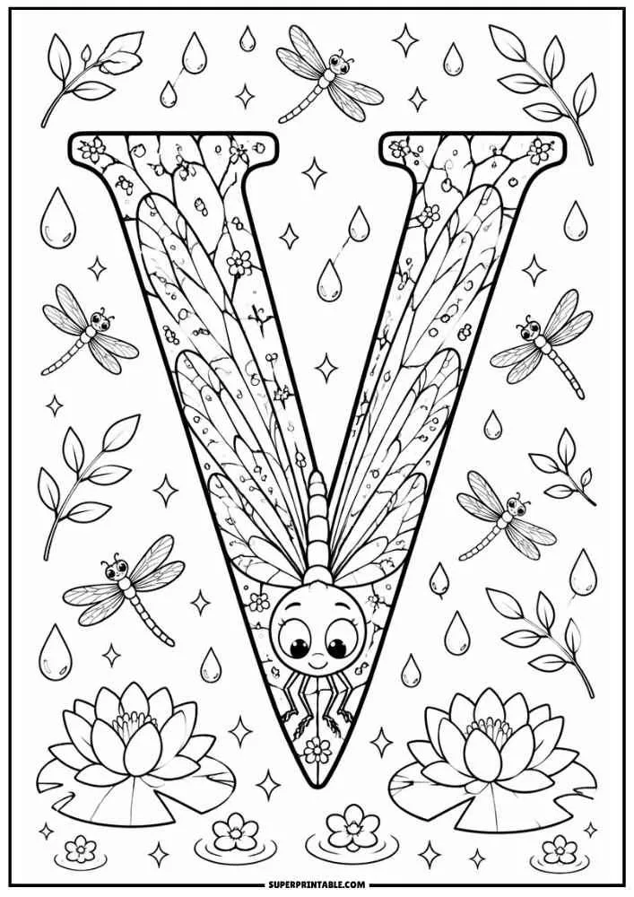 Large letter V with dragonflies, leaves, lotus flowers, water drops, and flowers.