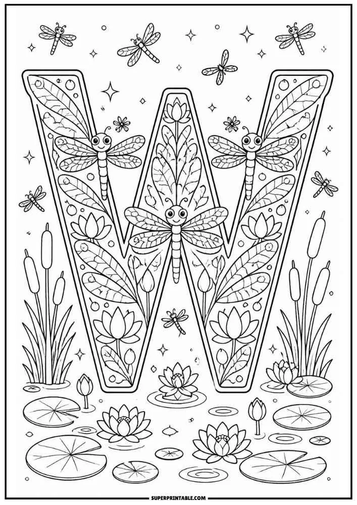 Large letter W with dragonflies, lotus flowers, cattails, lily pads, and pond water.