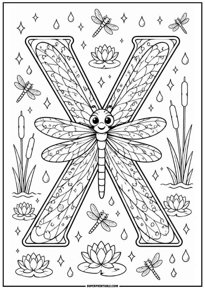 Large letter X with a smiling dragonfly, lotus flowers, cattails, and water drops.