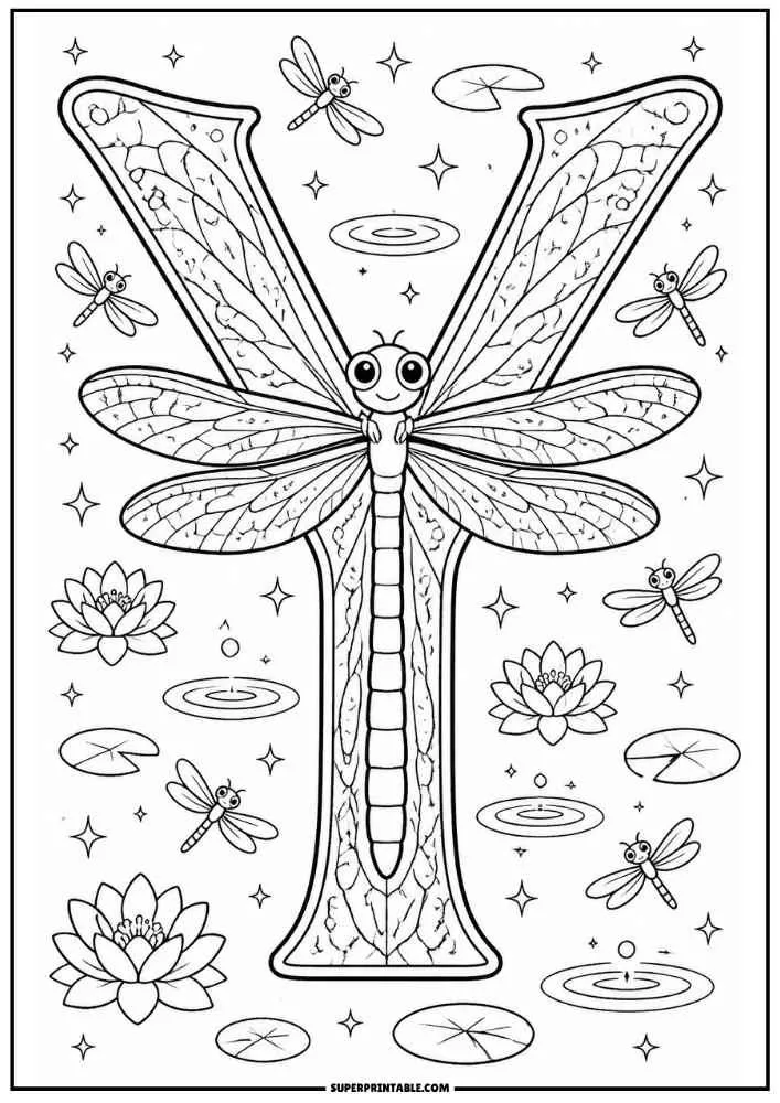 Large letter Y with a dragonfly, lotus flowers, lily pads, and pond ripples.