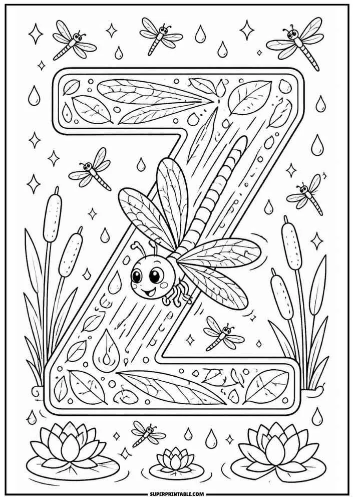 Large letter Z with a dragonfly, leaves, lotus flowers, cattails, and water drops.