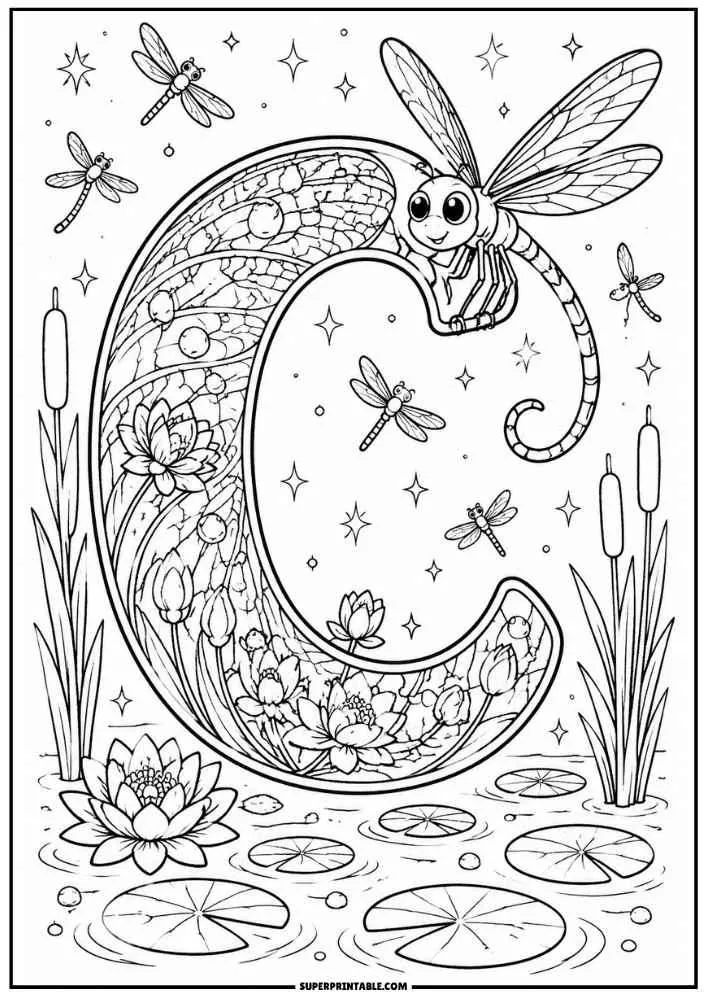 Large letter C with a smiling dragonfly, lotus flowers, lily pads, and cattails.