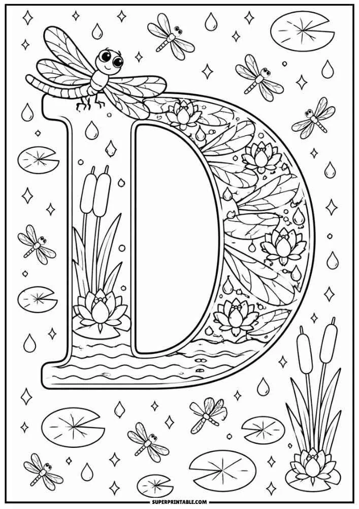 Large letter D with dragonflies, lotus flowers, cattails, lily pads, and water drops.