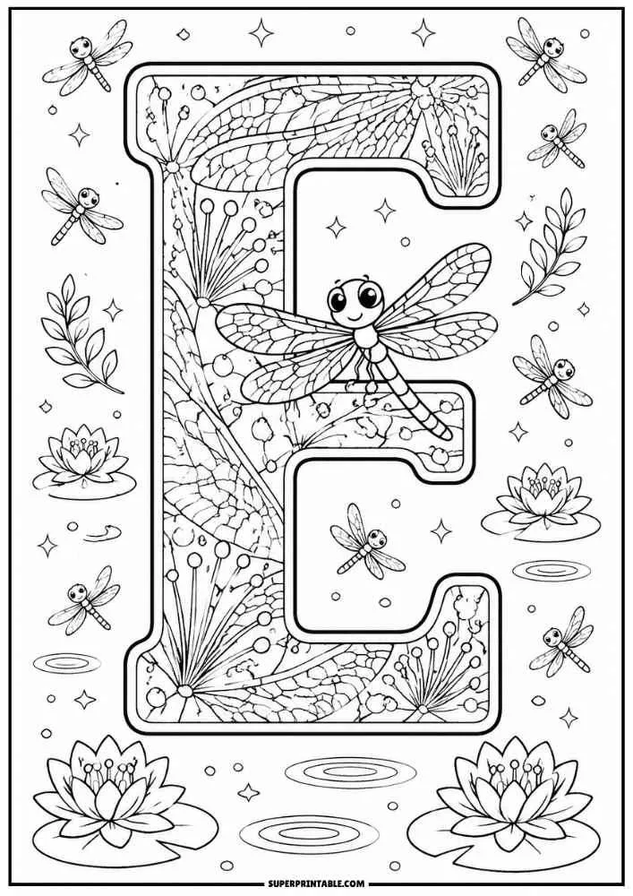 Large letter E with dragonflies, flowers, leaves, lily pads, and pond ripples.