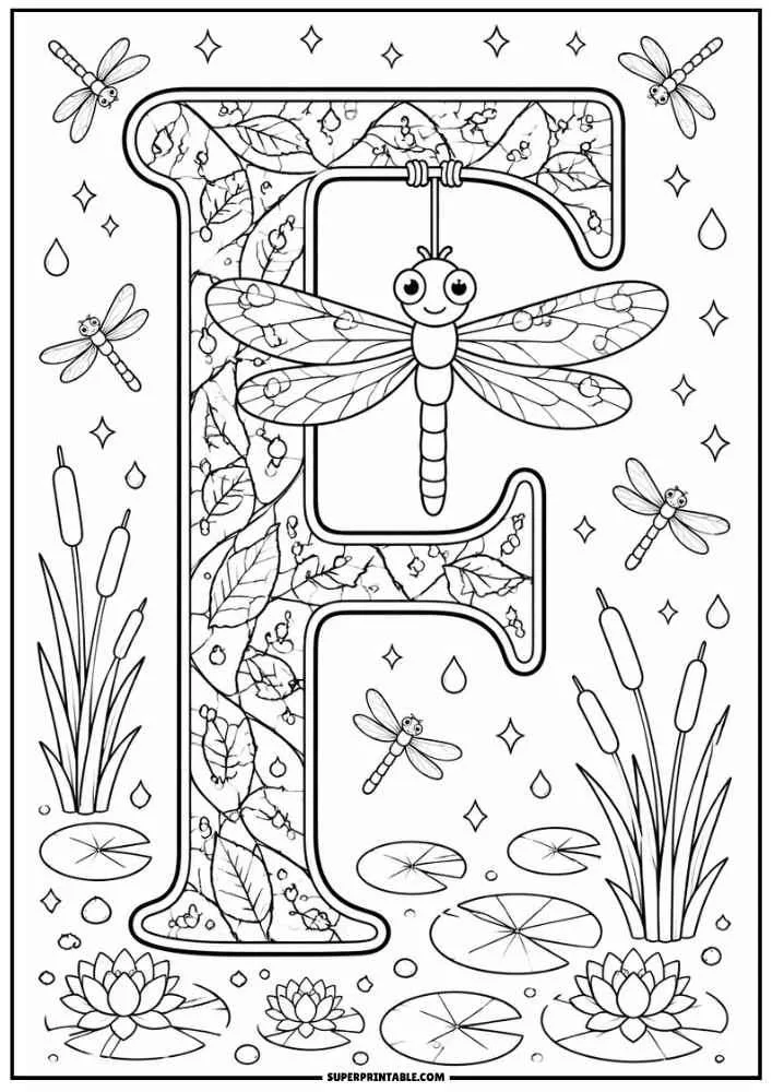 Large letter F with a dragonfly, leaves, lotus flowers, cattails, and lily pads.