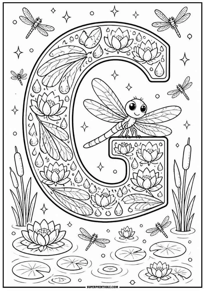 Large letter G with dragonflies, lotus flowers, lily pads, cattails, and water drops.