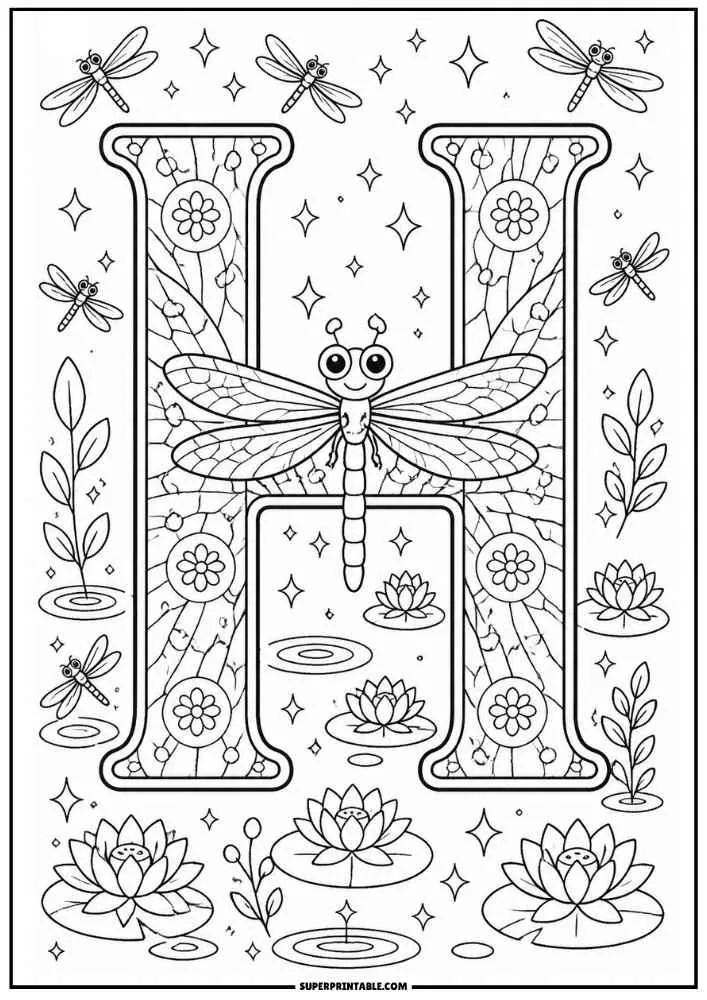 Large letter H with a dragonfly, lotus flowers, leaves, and pond ripples.