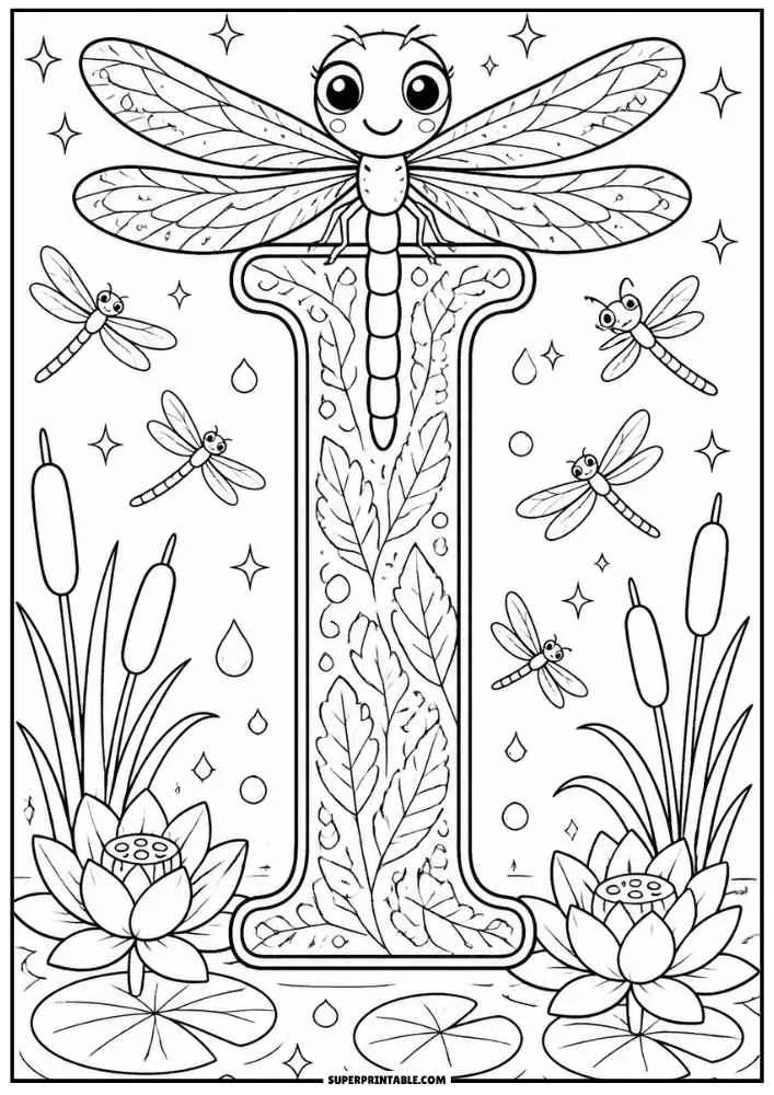 Large letter I with a dragonfly, lotus flowers, cattails, lily pads, and water drops.