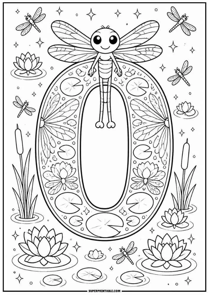 Number 0 with a dragonfly, lily pads, lotus flowers, cattails, and small dragonflies.
