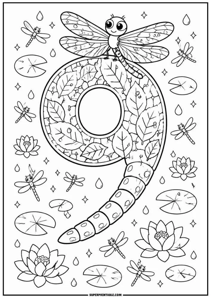 Number 9 with a dragonfly, lotus flowers, lily pads, leaves, and small dragonflies.