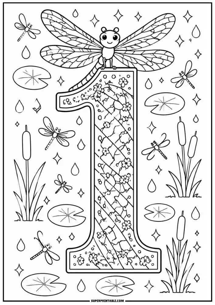 Number 1 with a dragonfly, flowers, lily pads, cattails, and water drops.