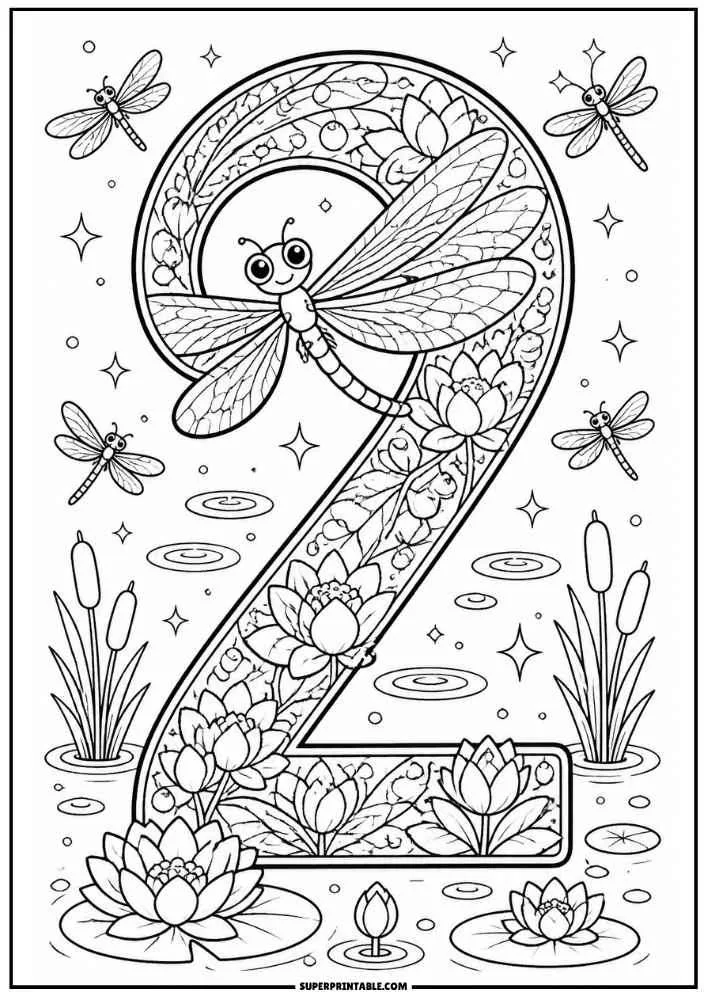 Number 2 with a dragonfly, flowers, lily pads, cattails, and pond plants.